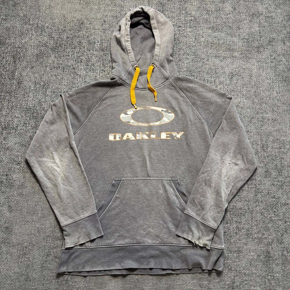 Oakley Hoodie Mens Medium Gray Distressed Y2K‎ Camo Logo Pullover Sweatshirt